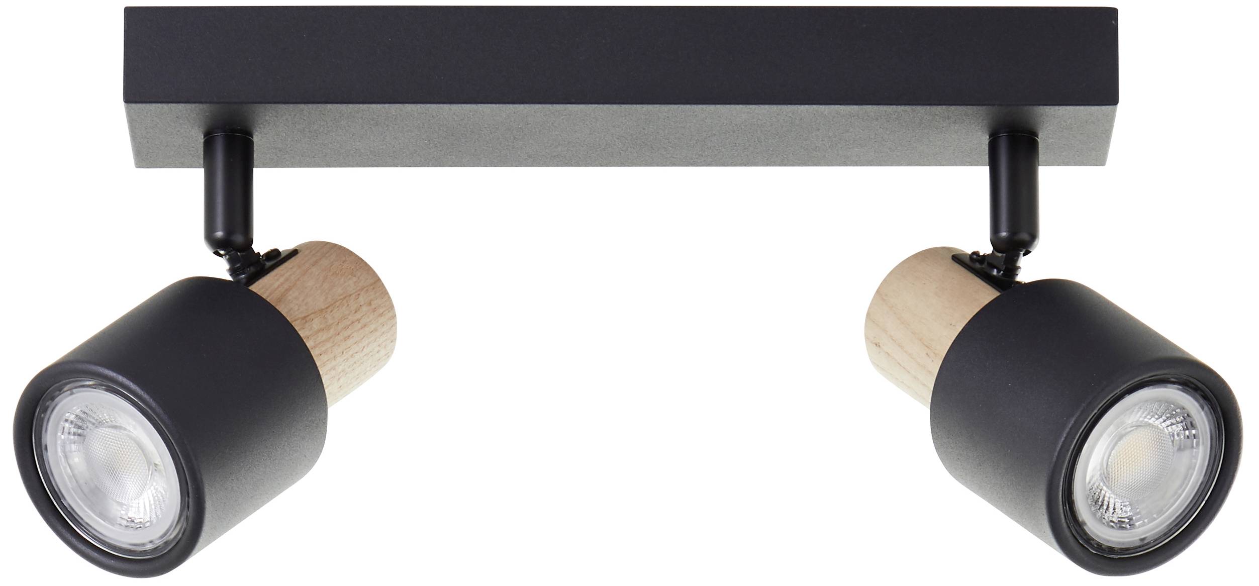 Čierna stropná lampa s dvoma nastaviteľnými svetlami z dreva a kovu, určená na cielenú svetelnú atmosféru v moderných interiéroch.