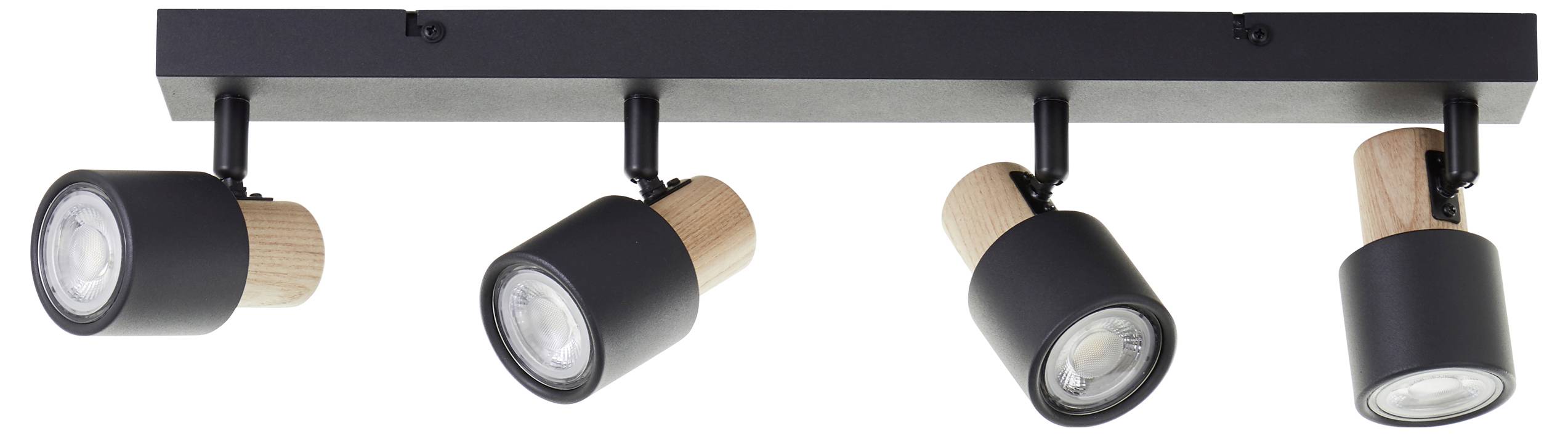 Moderná čierna stropná lampa so štyrmi nastaviteľnými svetlometmi, kombinovaná s drevenými detailmi, na obdĺžnikovom držiaku.