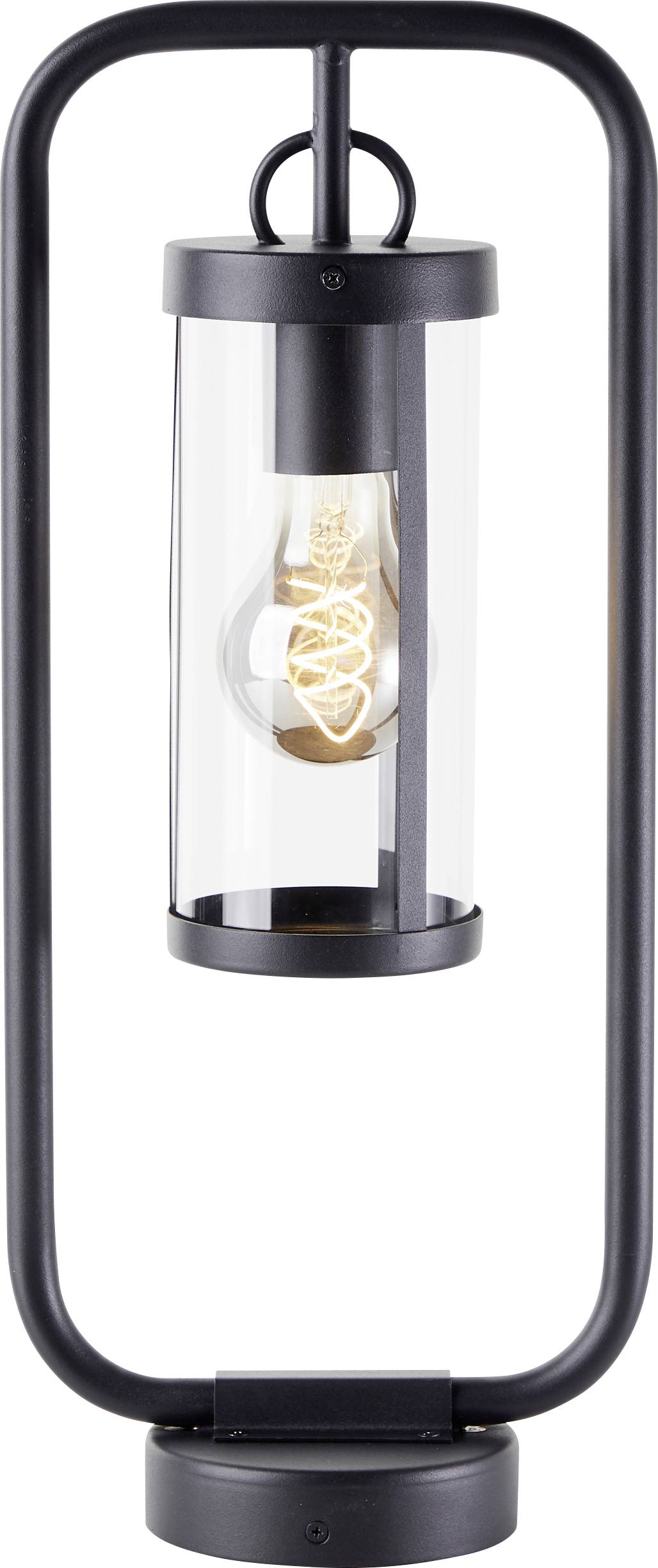 Moderná, čierna LED pouličná lampa so svetlým skleneným krytom a viditeľnou žiarovkou uprostred. Minimalistický dizajn.