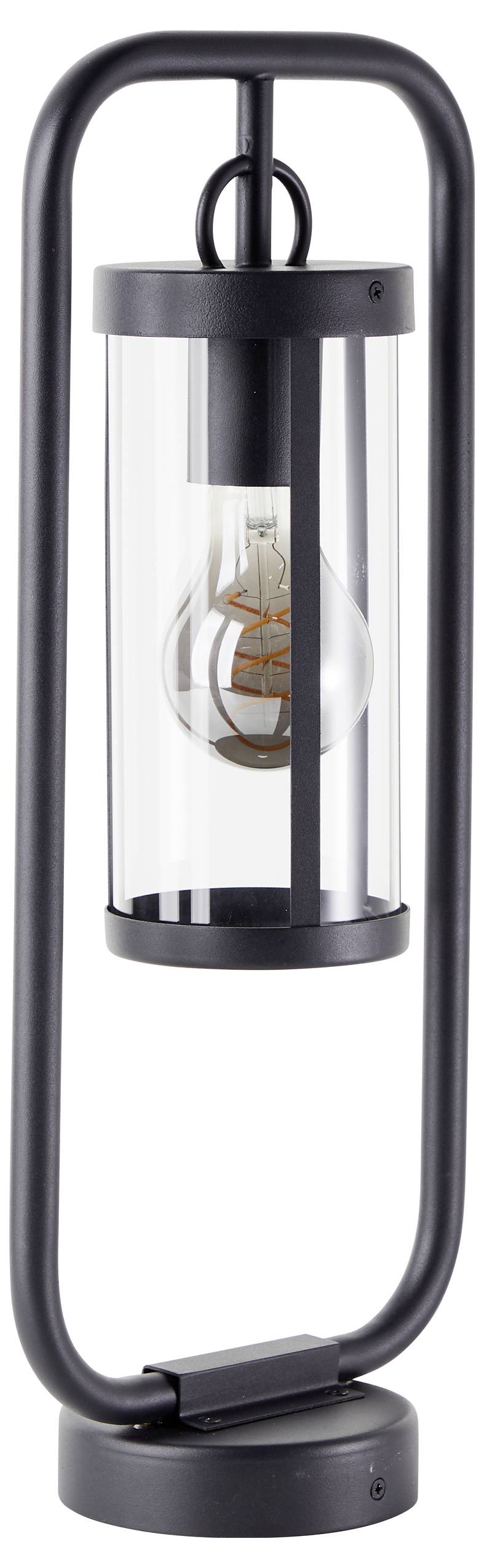 Moderná čierna stolná lampa s priehľadným valcom a viditeľnou žiarovkou; minimalistický dizajn.