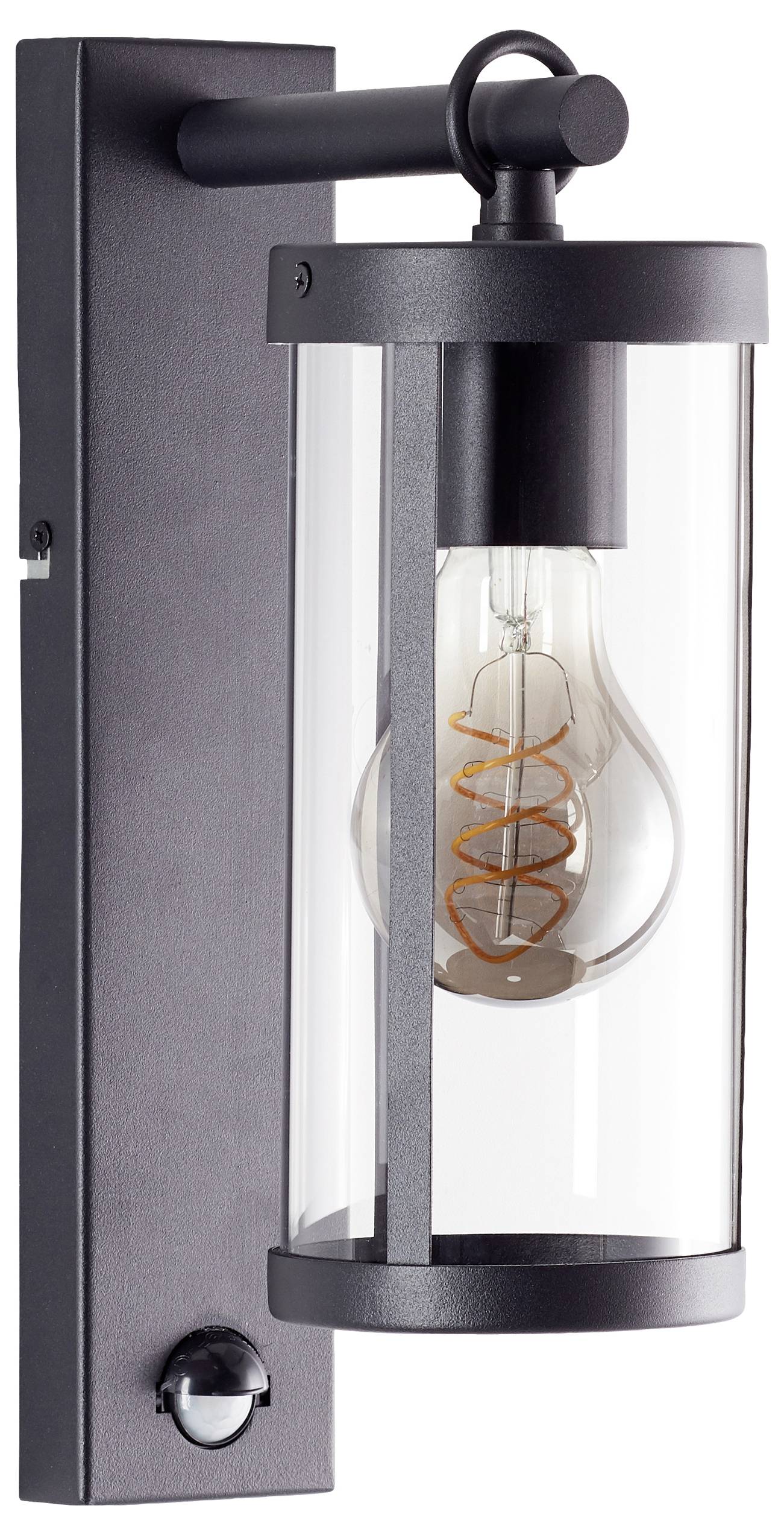 Moderná, čierna nástenná lampa so viditeľnou žiarovkou za čírim sklom.