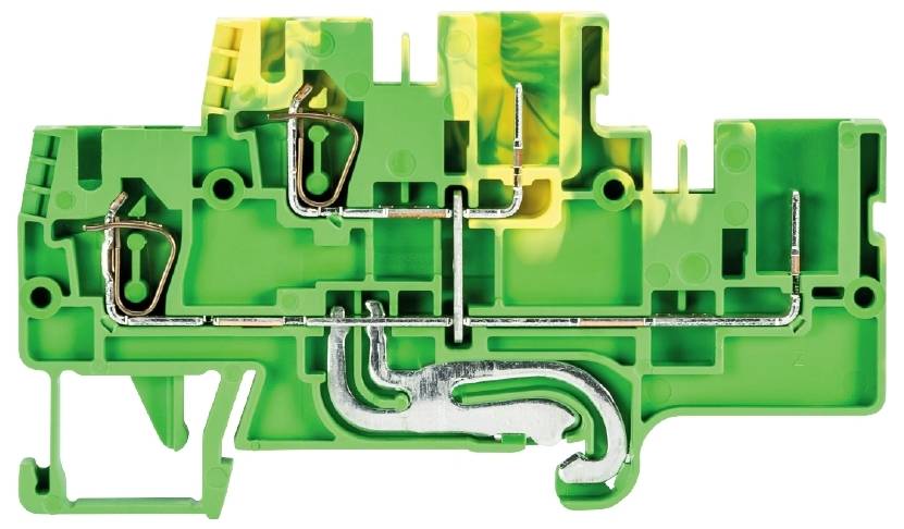 Zelený elektronický konektor so zložitou vnútornou trasou vedenia. Obsahuje kovové kontakty a je určený na elektrické prepojenie.