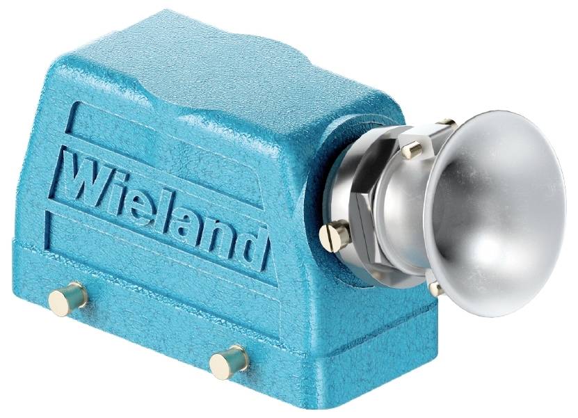 Tyrkysový kryt s nápisom 'Wieland', ktorý obsahuje striebornú, lievikovitú štruktúru, pravdepodobne technické zariadenie.