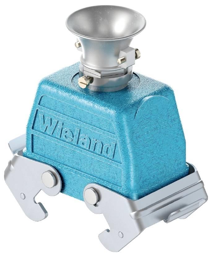 Modrý priemyselný konektor s kovovým zámkom a lievikovitým nástavcom, s nápisom 'Wieland' na boku. Vhodný pre elektrické inštalácie.