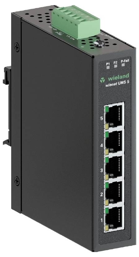 Čierny ethernetový prepínač 'wieland wienet UMS 5' s piatimi sieťovými portami a zeleným terminálnym blokom na hornej strane.