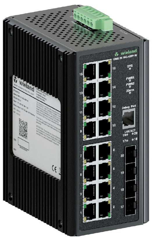 Priemyselný sieťový switch so 16 ethernetovými portami a zeleným konektorom v hornej časti, vhodný pre použitie v komplexných sieťach.