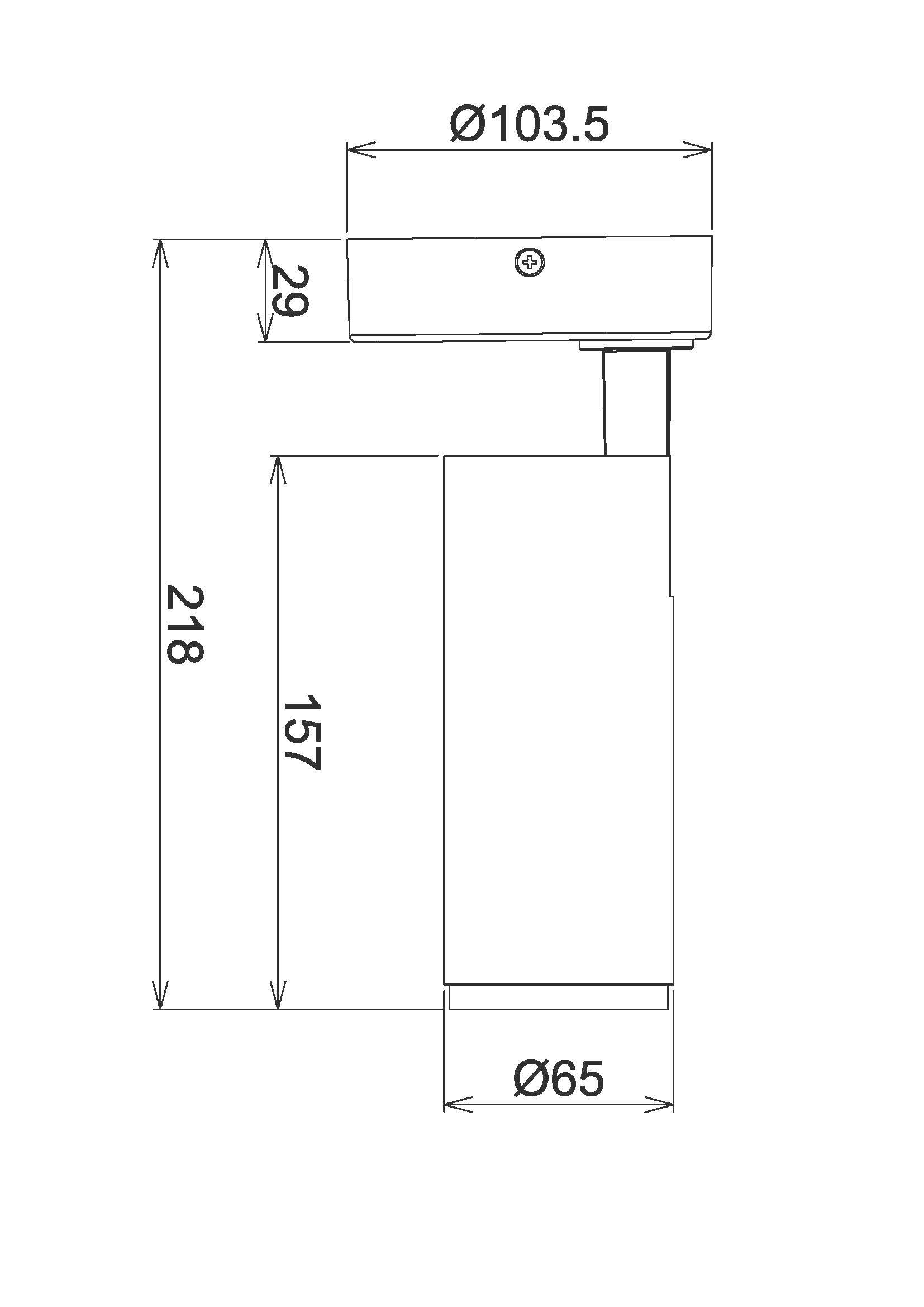 Diagram technického výkresu s rozmermi: celková dĺžka 218 mm, priemer hore 103,5 mm, dole 65 mm.
