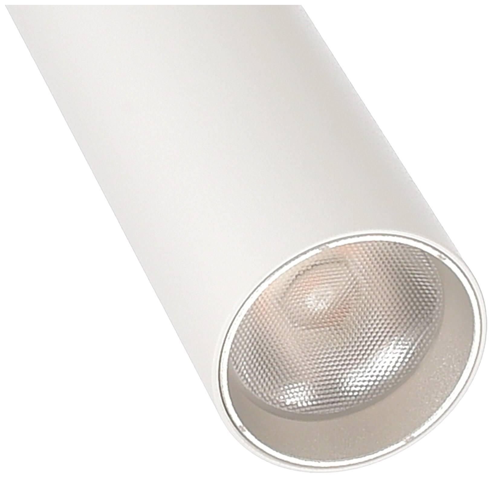 Biela valcovitá stropná lampa so svietiacim LED prvkom viditeľným na spodnej strane, vhodná na priame osvetlenie.