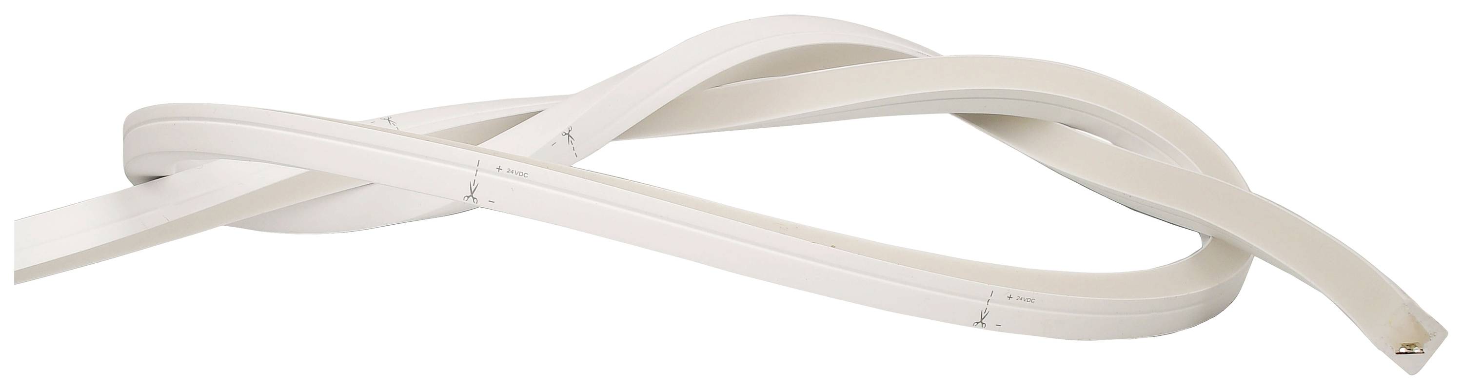 Biely flexibilný LED pás, voľne zavesený do slučiek. Ideálny na dekoratívne osvetlenie.