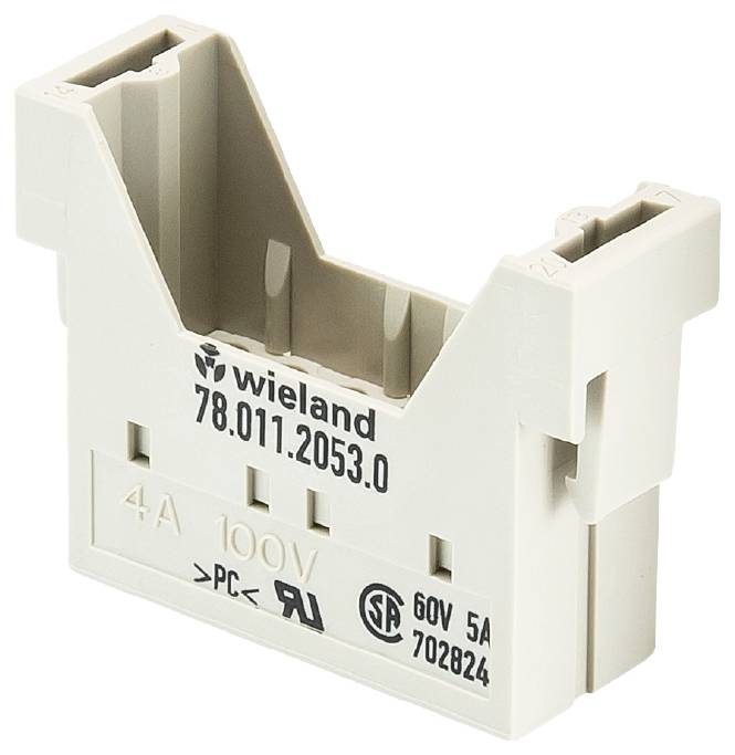 Biely elektrický adaptér od spoločnosti Wieland s označením '78.011.2053.0', vhodný pre 4A, 100V, s certifikáciami.
