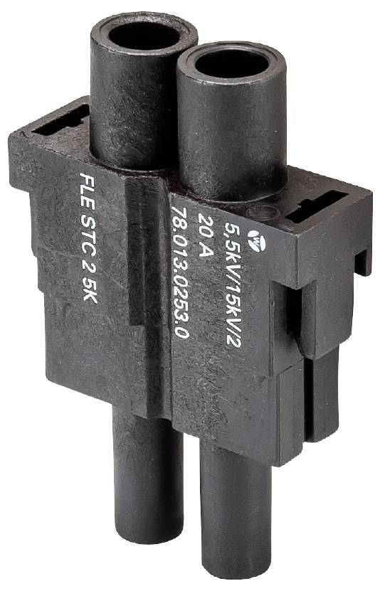 Čierny elektrický konektor s dvoma okrúhlymi otvormi, na ktorom sú vytlačené technické špecifikácie ako '20 A' a '7801302530'.