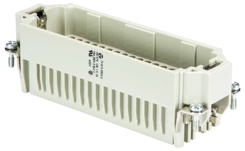 Šedá obdĺžniková elektronická súčiastka so skrutkovými spojmi a početným počtom zásuvných miest.
