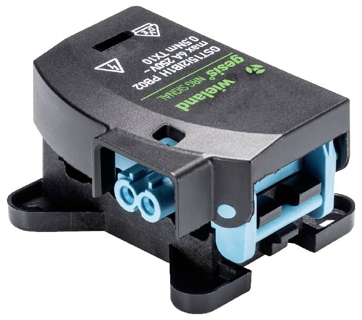 Čierny elektrický spínač s dvoma modrými pripojovacími miestami, nápis zobrazuje 'Wieland Gesis RST Class' pre priemyselné použitie.