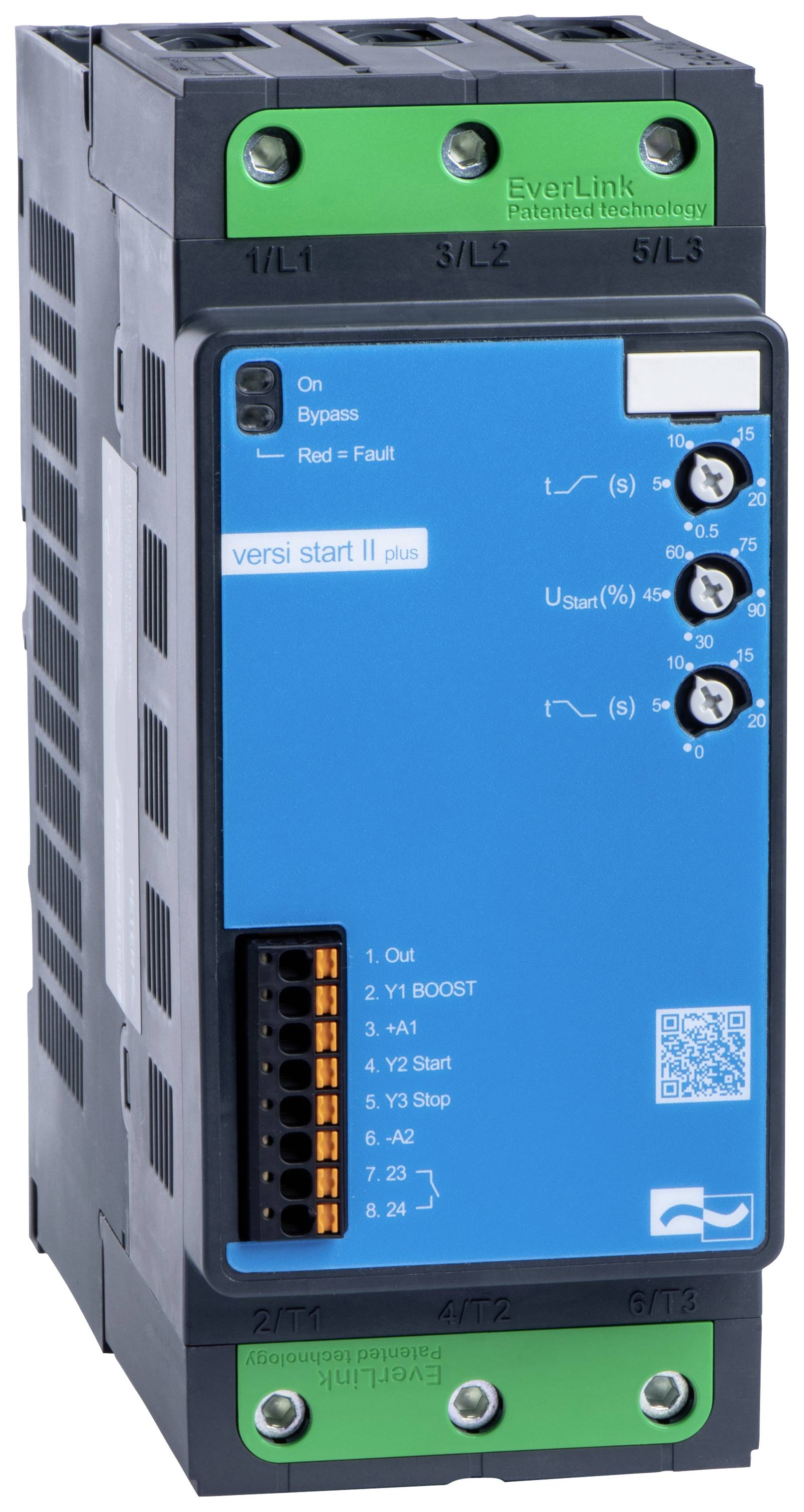 Elektrické zariadenie s modrou prednou doskou a nápisom 'versi start II plus', zobrazujúce rôzne spínače a konektory.