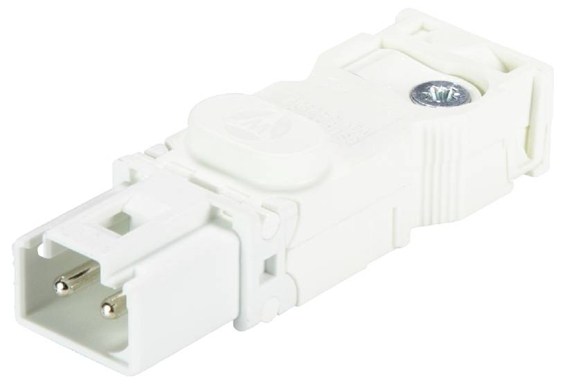 Biely konektor s dvoma kovovými kolíkmi, vhodný na pripojenie elektrických zariadení v elektronických aplikáciách.