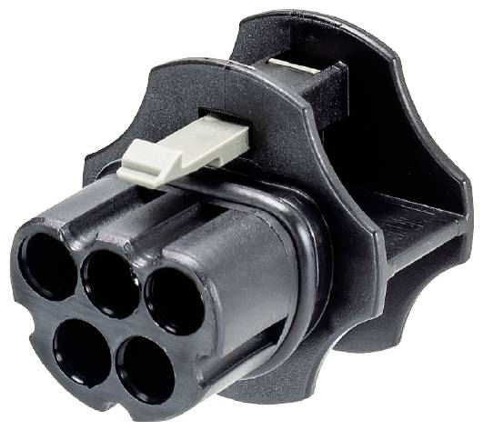 Čierny, guľatý konektor s piatimi otvormi a páčkou na boku. Používa sa v elektrických zapojeniach.
