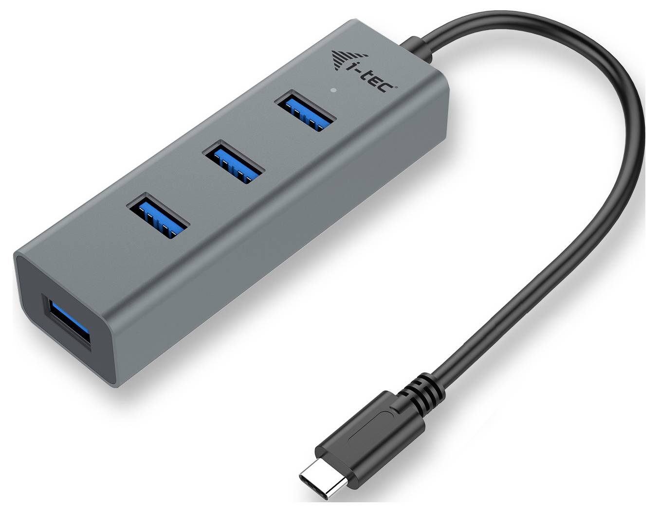 USB hub so štyrmi modrými USB portami a čiernym káblom. Navrhnutý na rozšírenie možností pripojenia.