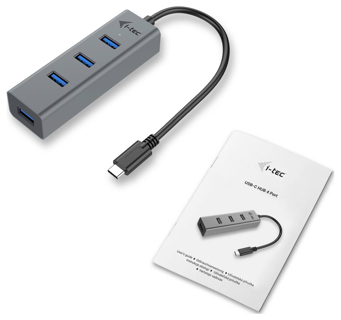 USB-C hub so štyrmi modrými USB 3.0 portami a čiernym káblom. Súčasťou balenia je biela príručka s obrázkom produktu a logom i-tec.