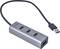 USB hub so štyrmi portami v úzkom striebornom kryte, vhodný na rozšírenie USB pripojení na počítačoch.
