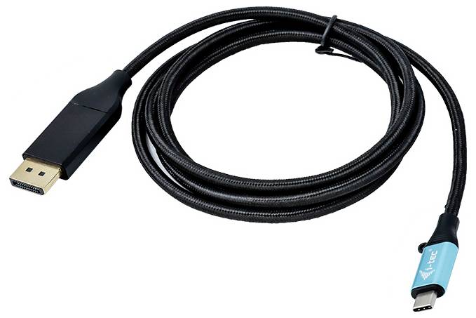 Čierny kábel s konektorom DisplayPort a konektorom USB-C, vhodný na prepojenie monitorov a zariadení.