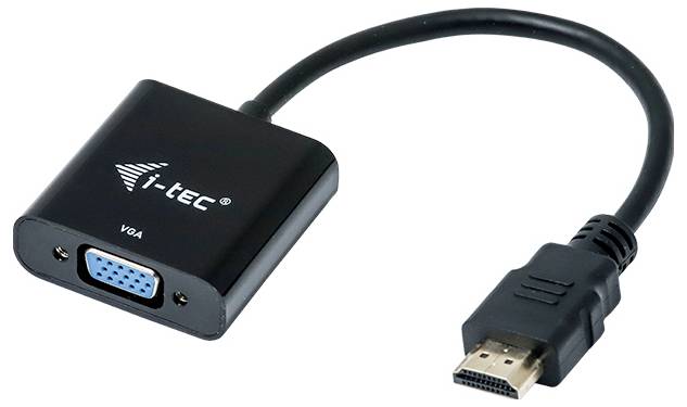HDMI-VGA adaptér s čiernym krytom a malým VGA konektorom vľavo, HDMI konektor vpravo. Značka 'i-tec' na kryte.