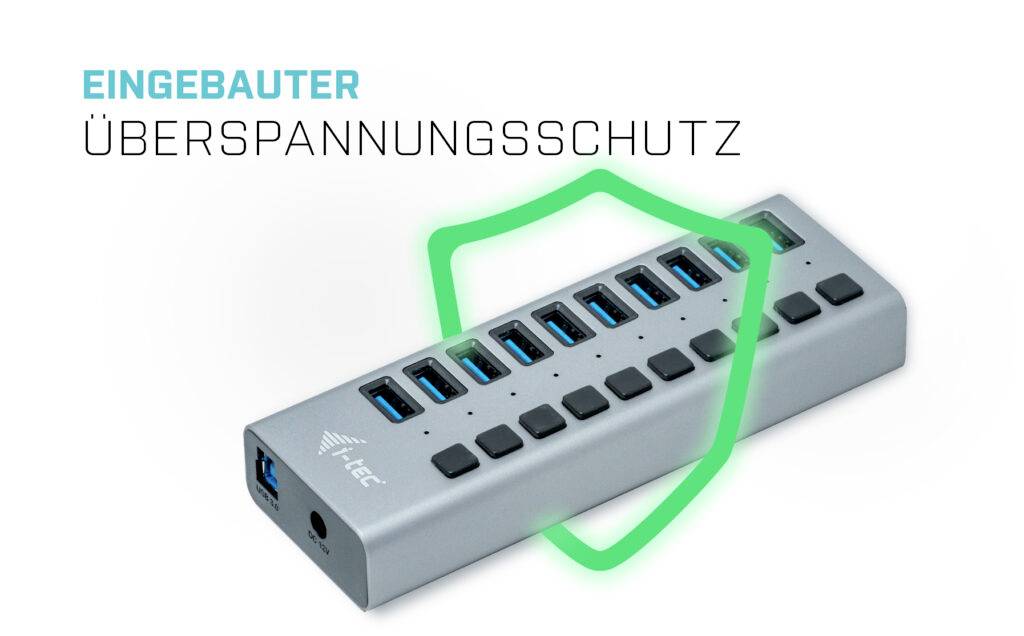 USB hub s ôsmimi portami a vstavanou ochranou proti prepätiu. Zelený štítok symbolizuje ochranu.