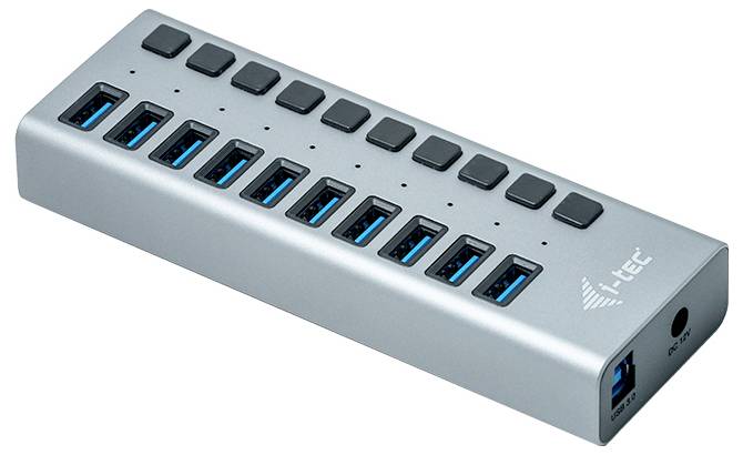 USB hub s dvanástimi USB portami a LED indikátormi, používaný na rozšírenie možností pripojenia pre počítače a zariadenia.