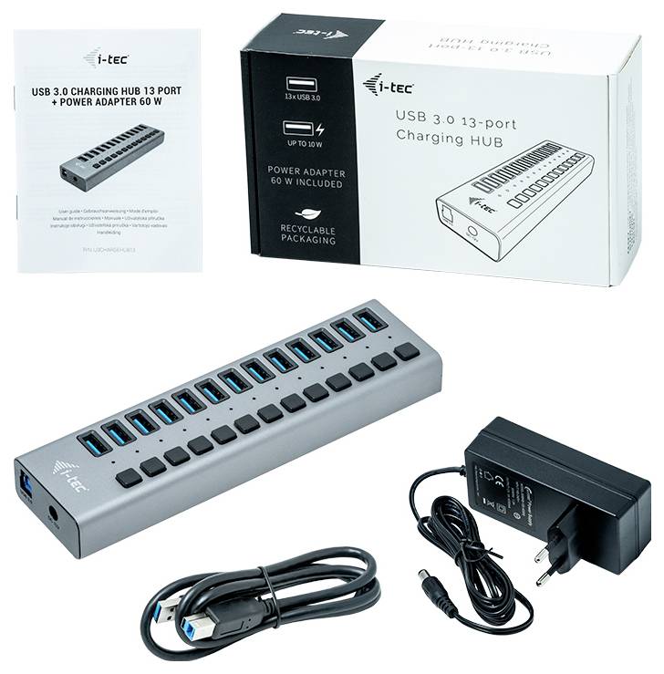 USB 3.0 nabíjacia stanica s 13 portami, vrátane napájacieho adaptéra a kábla, prezentovaná v obale. Ideálna na súčasné nabíjanie viacerých zariadení.