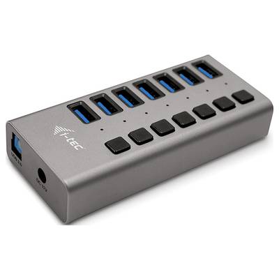 Externý USB hub so siedmimi USB portami a spínačmi zapnutia/vypnutia, vhodný pre súčasné pripojenie viacerých zariadení.