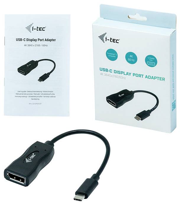 USB-C DisplayPort adaptér od i-tec pre 4K rozlíšenie, 60Hz. Čierny kábel s USB-C konektorom a DisplayPort zásuvkou. Balenie v pozadí.