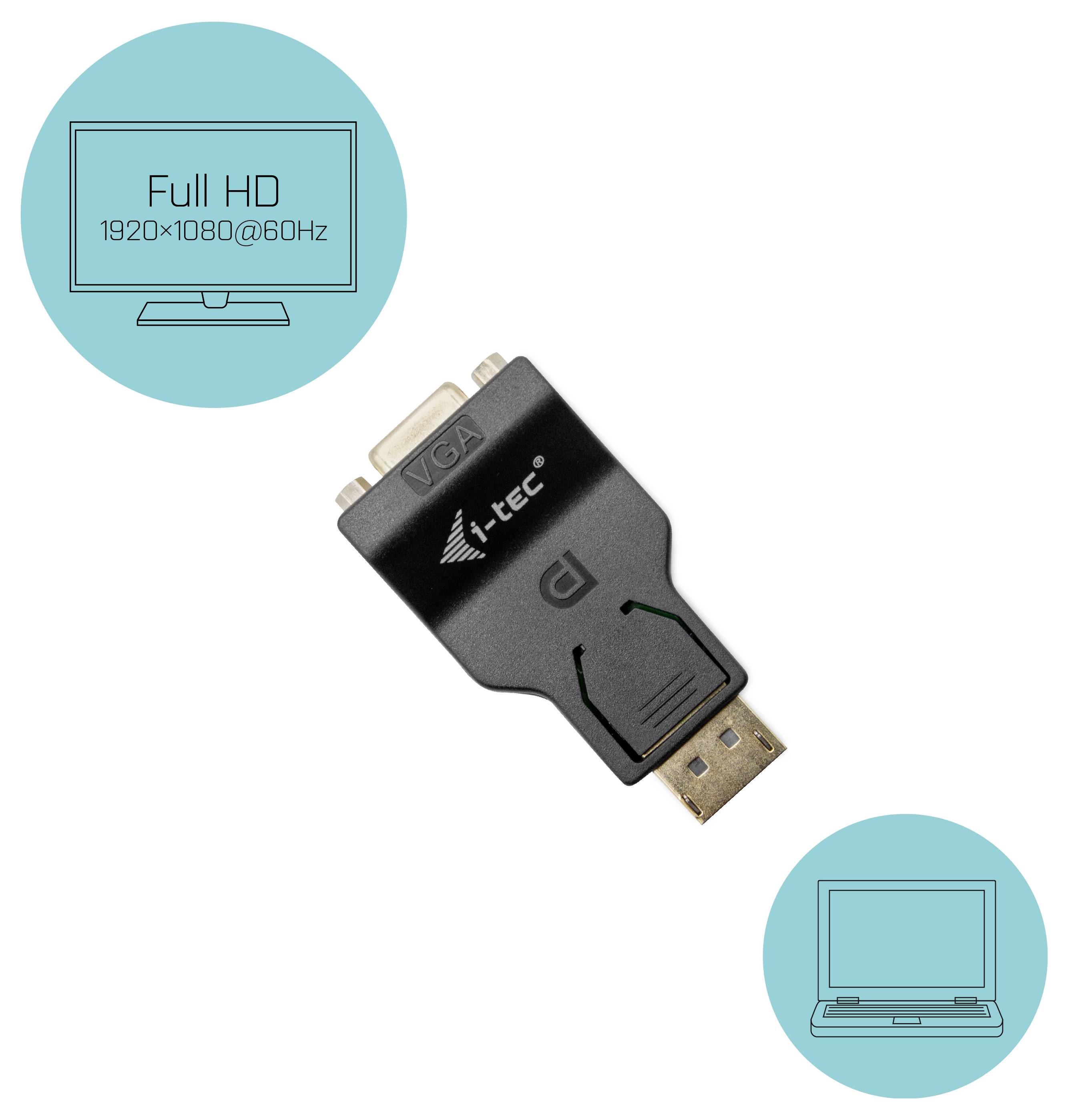 Čierny adaptér s HDMI a VGA konektormi, vhodný na prepojenie monitora a laptopa s plným HD rozlíšením.