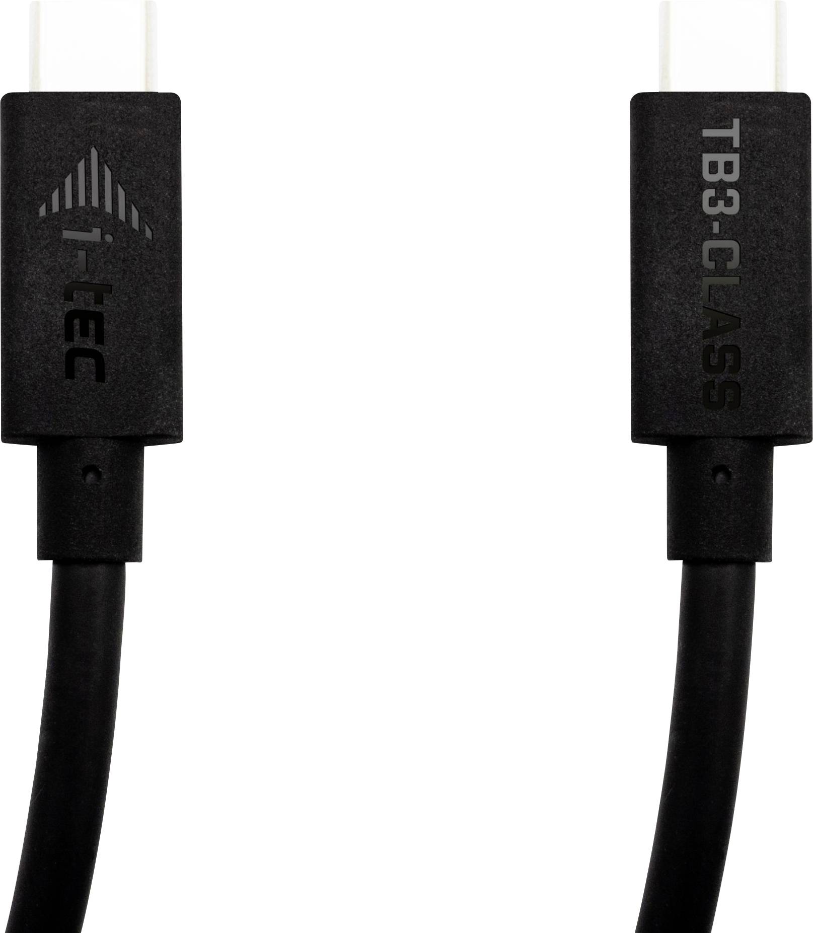 'Čierne Thunderbolt 3 káble s dvoma konektormi. Ľavý konektor s logom T-TEC, pravý konektor s nápisom 'TB3-CLASS'.'