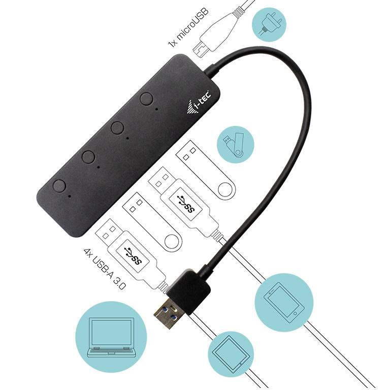 USB rozbočovač so štyrmi USB 3.0 portami a jedným microUSB portom, vhodný pre laptop, tablet, smartfón a počítač.