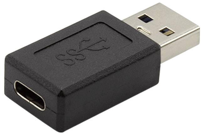 USB adaptér s USB-A zástrčkou na USB-C zásuvku, v čiernom púzdre, umožňuje prepojenie medzi rôznymi typmi USB.