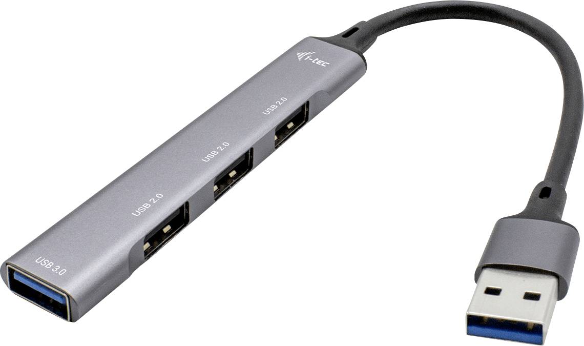 USB hub so štyrmi portami: jeden USB 3.0 port a tri USB 2.0 porty, prepojené káblom.