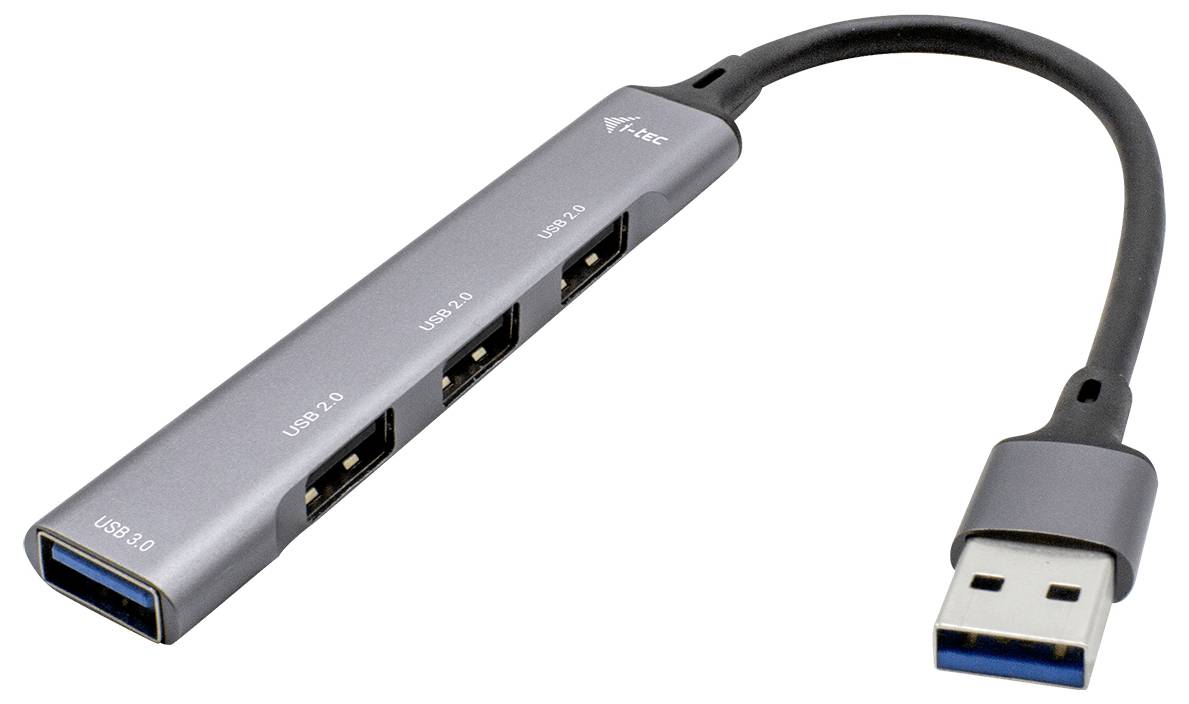 Sivý USB hub so štyrmi výstupmi, z toho tri USB 2.0 porty a jeden USB 3.0 port.