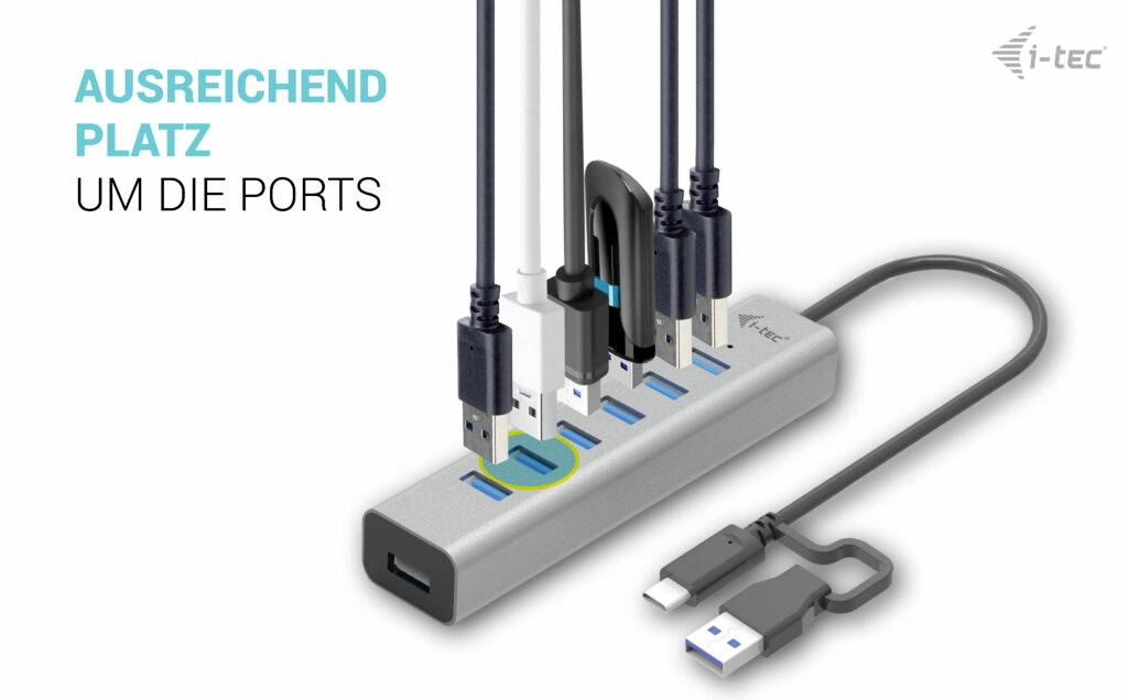 USB-hub s pripojenými viacerými zariadeniami. Text: 'Dostatok priestoru pre porty'.