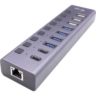 Sivočierny USB rozbočovač s viacerými portami vrátane USB 3.0, USB-C a ethernetového portu na boku.