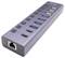 Tmavosivý USB hub s viacerými portmi vrátane USB-C, USB-A a ethernetového pripojenia. Ideálny na rozšírenie možností pripojenia.