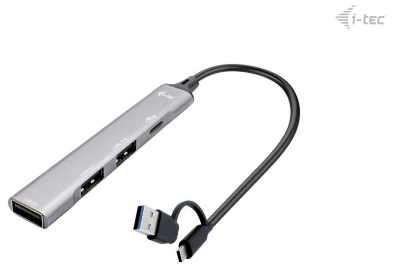 USB-C hub so štyrmi portami: HDMI, USB-C, dva USB-A. Čierne a strieborné prevedenie. Logo značky v hornom pravom rohu.