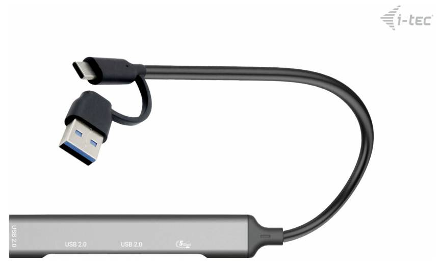USB rozbočovač s dvoma káblami: jeden s USB-A a druhý s USB-C konektorom. V pravom hornom rohu sa nachádza logo značky i-tec.