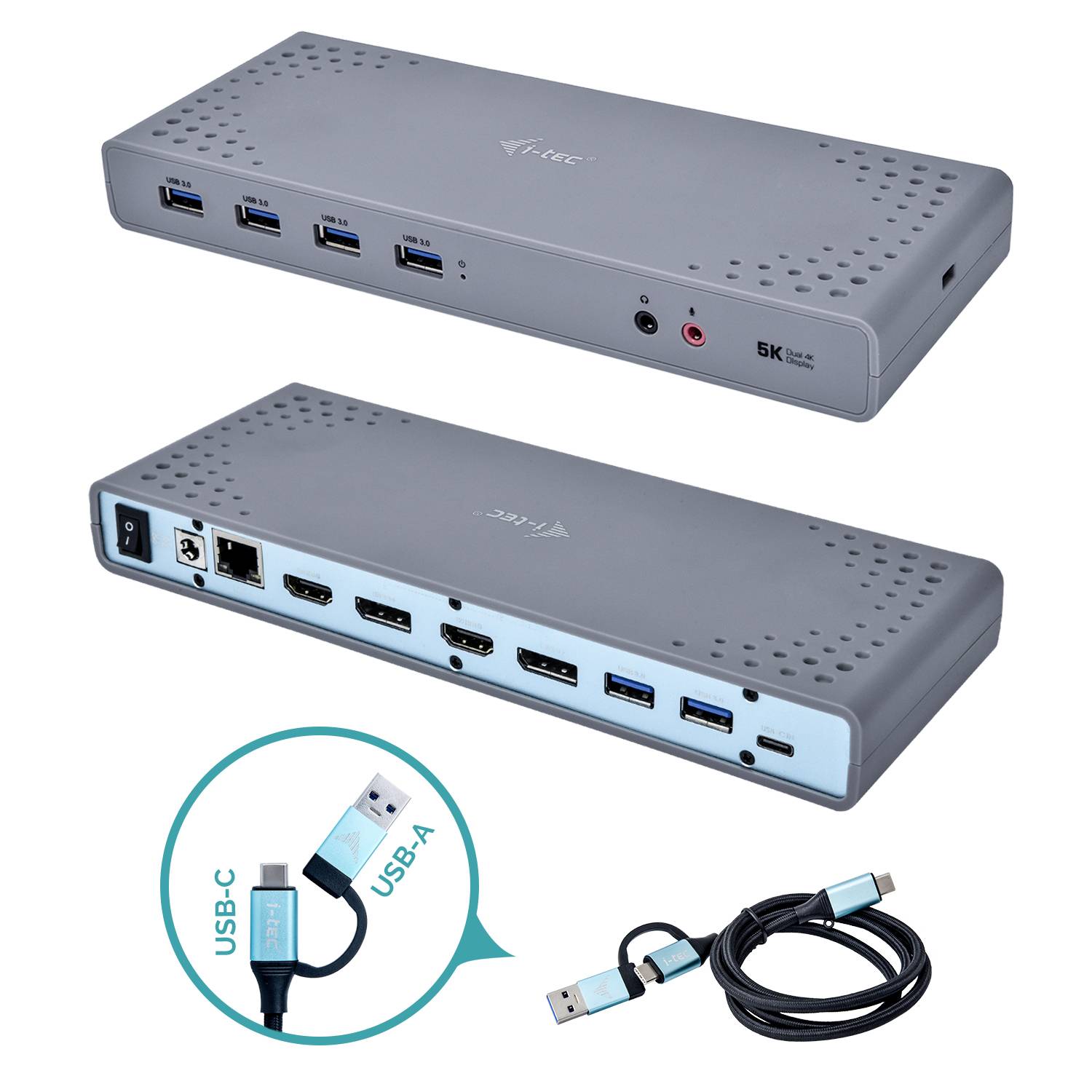 USB hub s viacerými portami vrátane USB-C a USB-A, LAN, HDMI a nabíjacieho portu. Zobrazuje prednú a zadnú stranu a kábel.