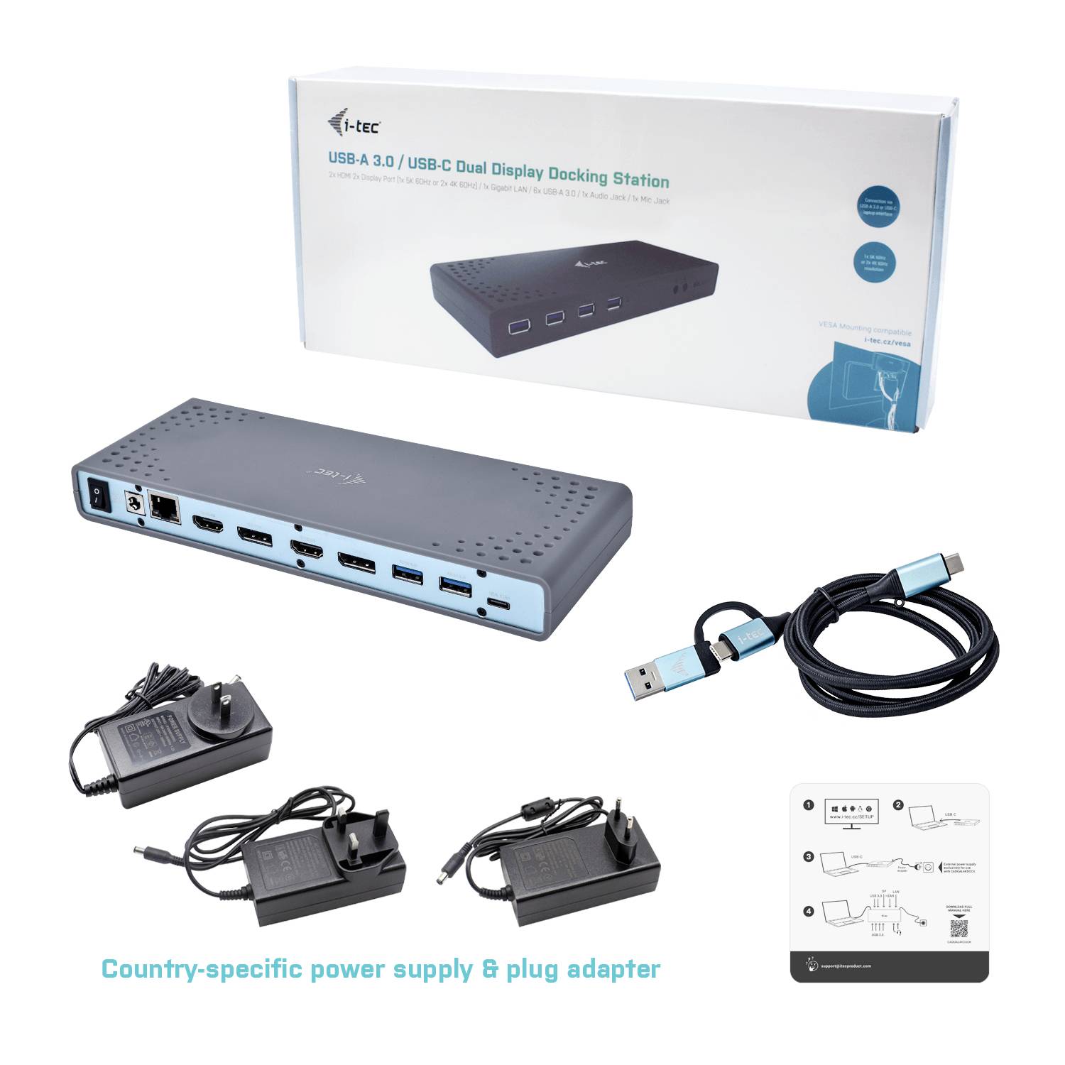 Dokovacia stanica USB so súpravou dvoch napájacích adaptérov, USB kábla a návodu. Na pozadí balenie zobrazuje dokovaciu stanicu.