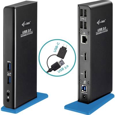 Dve čierne dokovacie stanice s viacerými portami vrátane USB 3.0, HDMI a Ethernet. Malý obrázok zobrazuje USB-C kábel.