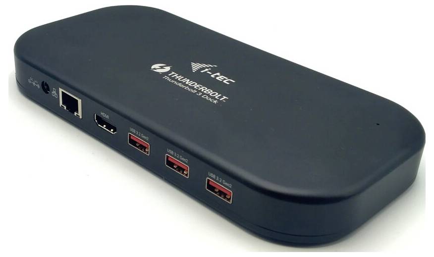 Čierna, oválna dokovacia stanica Thunderbolt s viacerými USB portami, ethernetovým portom a logami na hornej strane, pohľad z boku.