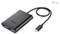 Čierny adaptér s dvoma DisplayPort portami a USB-C káblom. Logo značky viditeľné na adaptéri.