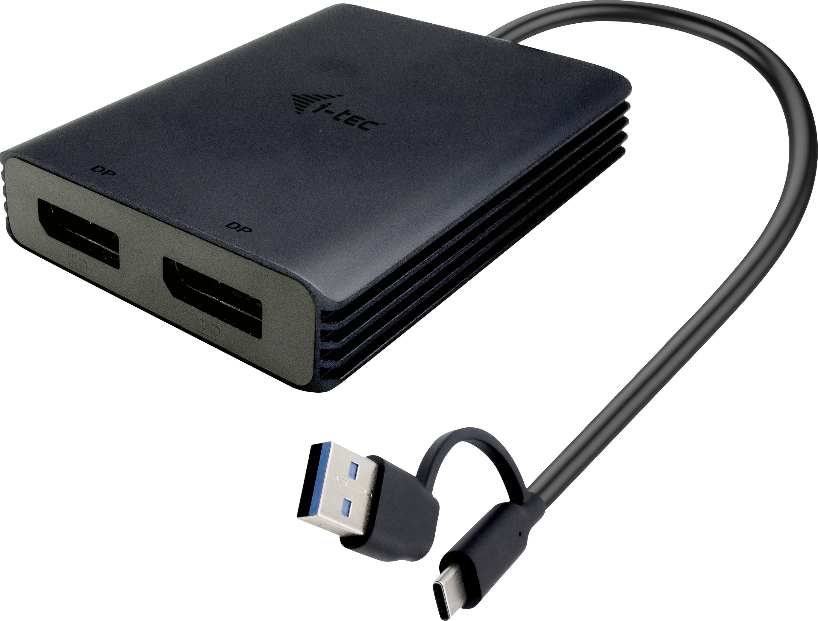 Čierny adaptér s dvoma DisplayPort portami, jedným USB 3.0 konektorom a USB-C káblom.