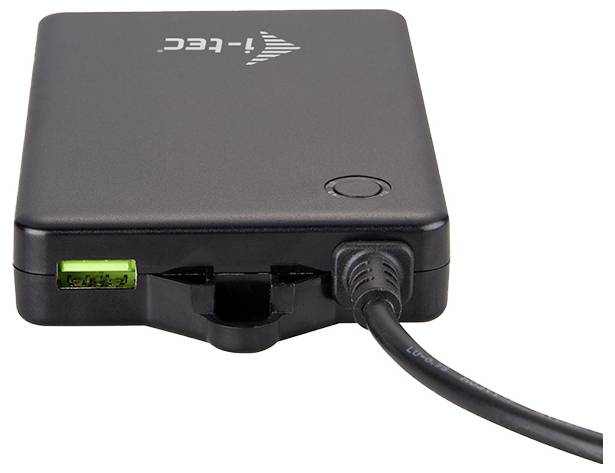 Čierna, obdĺžniková nabíjačka s pripojeným káblom a zeleným USB konektorom na jednej strane.
