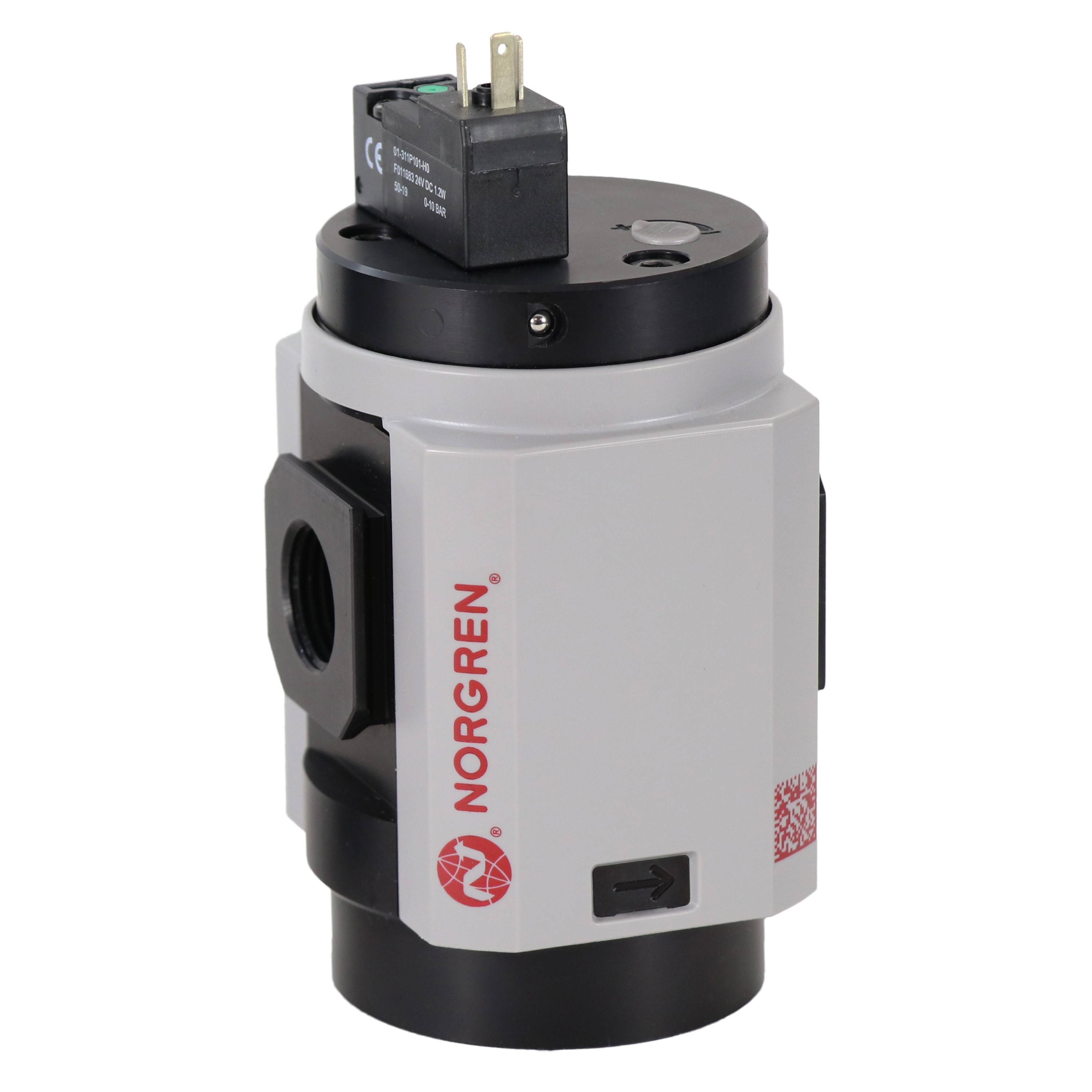 Kompaktná priemyselná spojka od Norgrenu s pripojovacou zásuvkou, vhodná pre pneumatické aplikácie. Biele puzdro s červenými označeniami.