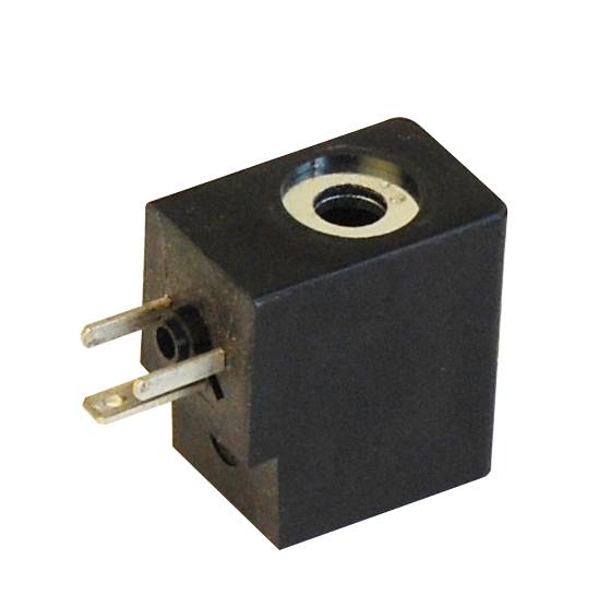 Čierne, obdĺžnikové elektromagnetické ventil s dvoma kovovými kolíkmi a otvorom na vrchu, používané pre elektrické pripojenia.